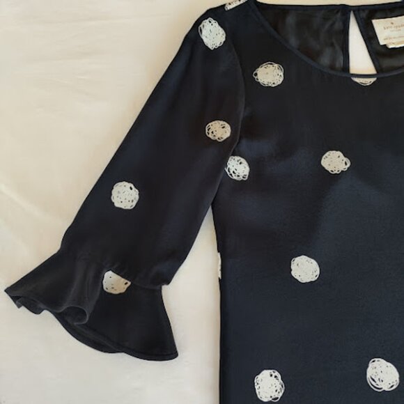 KATE SPADE Silk Polka Dot Black + Cream Shift Dress 3/4 Bell Sleeve Mod Retro 2 - Picture 5 of 15